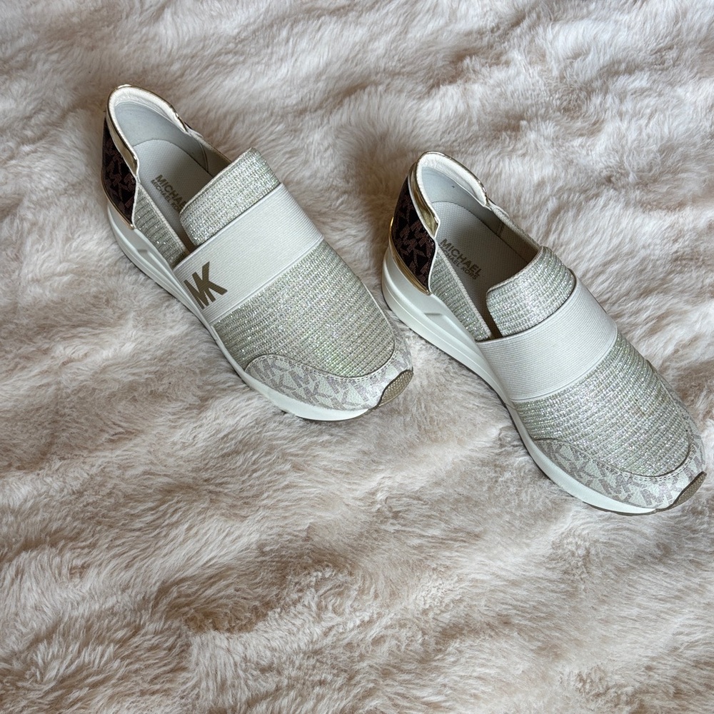 Michael Kors White and Brown Slip-On Sneakers